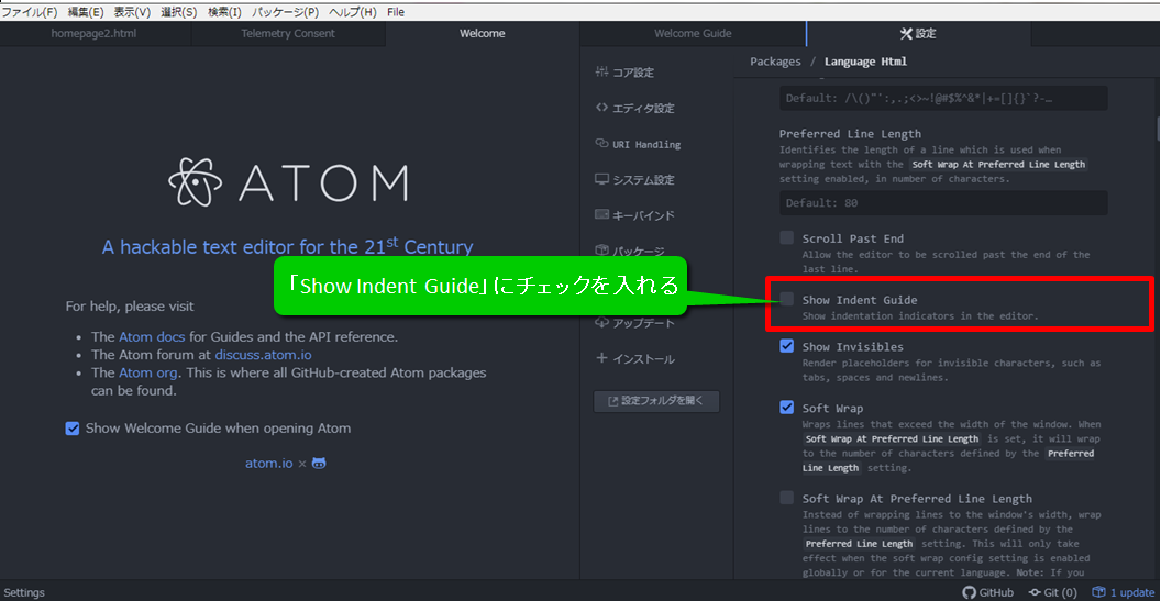 ATOM show indent guideをチェック