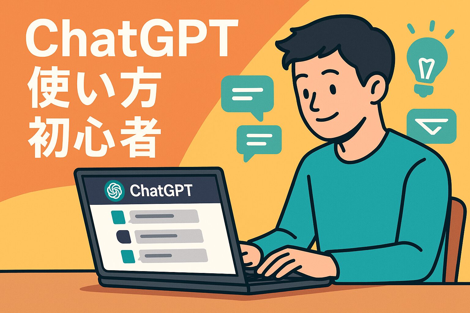 ChatGPTでプロンプトを入力する初心者の男性イラスト